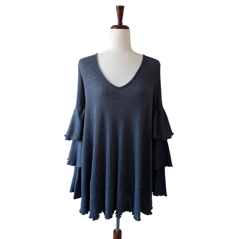 Free People Beach Seashore Tiered Bell Sleeve V-Neck Boho Dress Tunic Gray Small